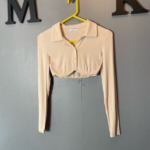 ThatsSoFetch Cream Fitted Collared Underwire Long Sleeve Crop Top size 8